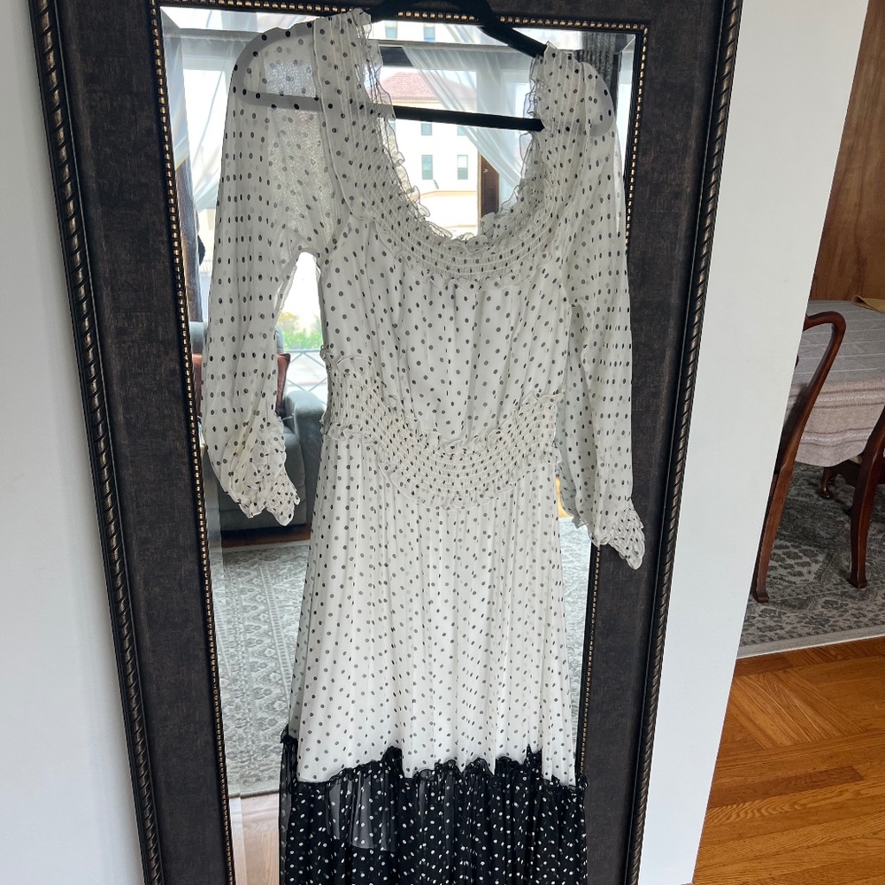 Black and white polka dot 100% silk ruffled maxi dress off the shoulder